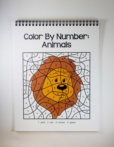 Coloring book cover with the words "Color By Number Animals" at the top and a color-by-number image of a cartoon lion.